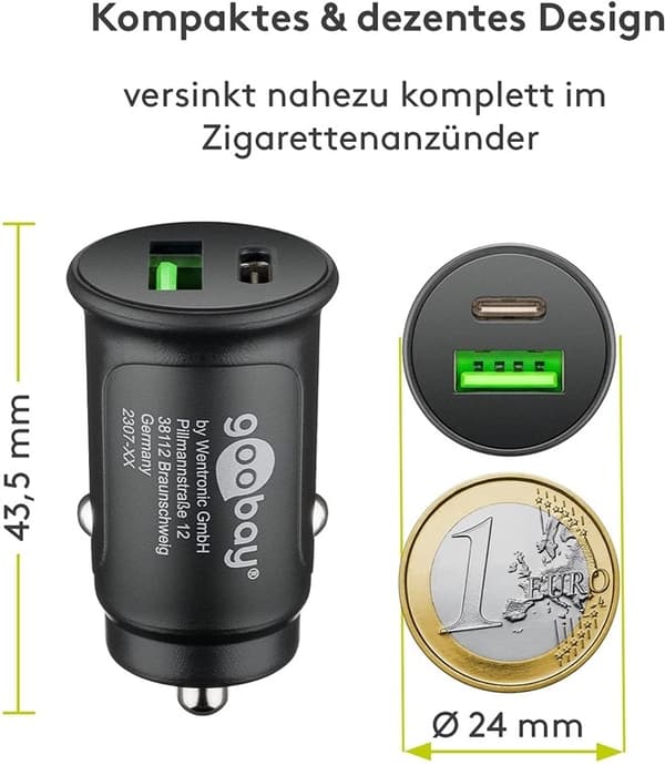 Goobay Dual-USB Auto Fast Charger USB-C™ PD (Power Delivery) (30 W) 30W (12/24V)lämplig för enheter med USB-C™ (Ström Delivery), såsom iPhone 12
