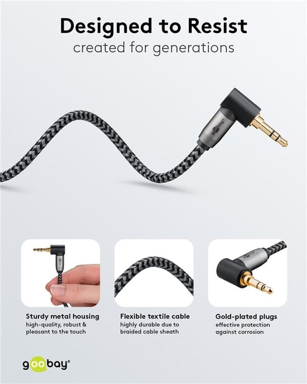 Goobay Ljudanslutningskabel AUX, 3,5 mm stereo, 90°, 2 m, Sharkskin Grey Pawl 3,5 mm plugg (3-stift, Stereo) > Pawl 3,5 mm plugg (3-stift, stereo) 90