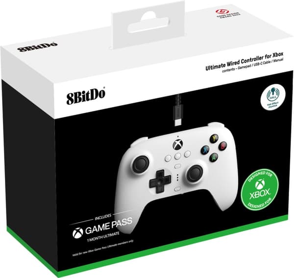 8Bitdo Ultimate Wired Controller - Hall Edition trådløs spillkontroll, hvit, Xbox/PC