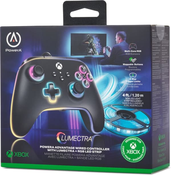 PowerA Lumectra Advantage kablet kontroller, svart + RGB LED-bånd, Xbox / PC