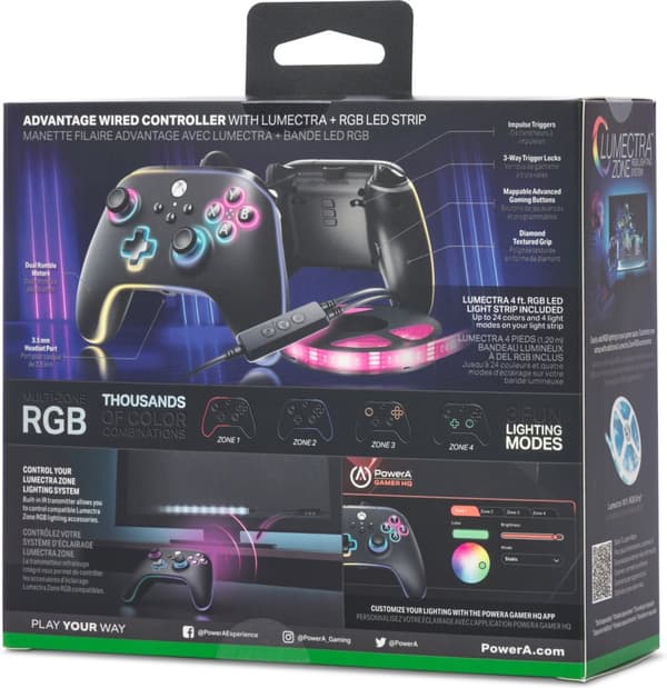 PowerA Lumectra Advantage kablet kontroller, svart + RGB LED-bånd, Xbox / PC