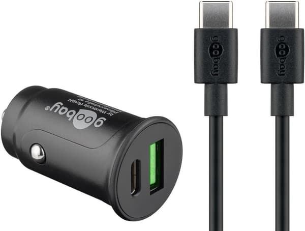 Goobay Dual USB Fast Car Charger USB-C™ (27 W) billadeadapter med 1x USB-C™ og 1x USB-A, USB-C™-kabel, 1 m, svart