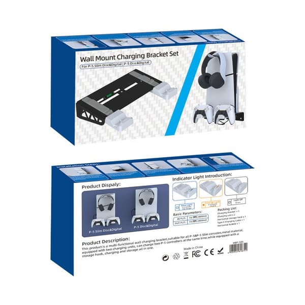 IPLAY For Sony PS5 Slim / Playstation 5 Veggmontert lagringsstativ-kontroller Ladestasjon Headsetholder