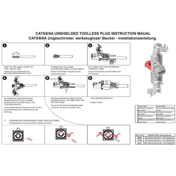 North RJ45 Kontakt för Cat6 kabel 2pack 8p8c För montering utan Verktyg