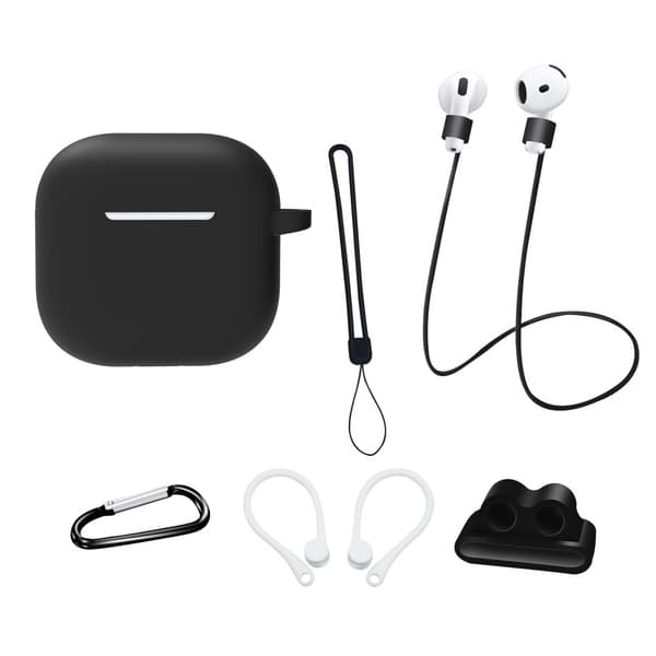 For AirPods 4 6 i 1 tilbehør Veske Stroppholder Ørekroker Halsstropp Nøkkelring - Svart