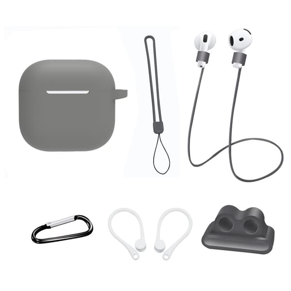 Til AirPods 4 6 i 1 Tilbehør Taske Stropholder Ørekroge Halsrem Nøglering - Grå