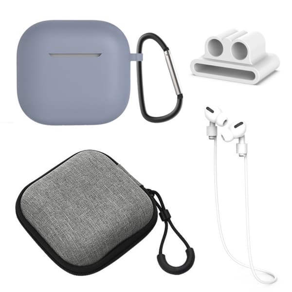 För AirPods 4 5st Tillbehör Fodral förvaringsbox halsrem hörlurshållare nyckelring - Grå