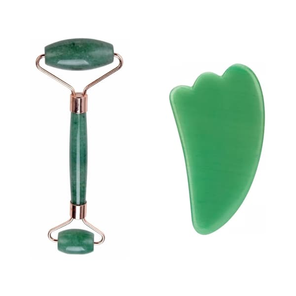 Äkta Gua Sha Mineralsten - Stor Sten + Roller Grön