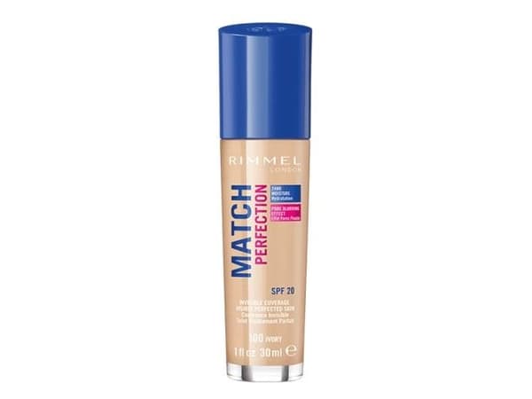 Rimmel London Match Perfection Liquid Foundation, Long-lasting Hydrating Formula with Smart-tone Technology and SPF 20 Formula, 100 Ivory, 30 ml