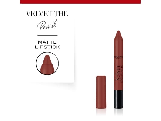 Bourjois Velvet pencil, CYCLOPENTASILOXANE, OZOKERITE, DIMETHICONE, POLYETHYLENE, METHYL TRIMETHICONE, OCTYLDODECANOL,..., 1. Apply colour to the cen