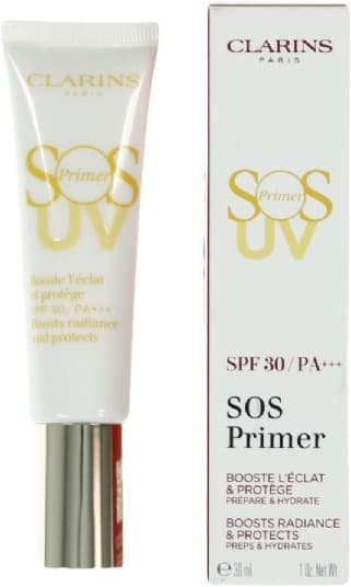 Clarins SOS Primer UV, Alle hudtyper, Anti-glans, Fuktighets krem, Beskyttelse, Luminous, Rør, Kremhvit, PA+++