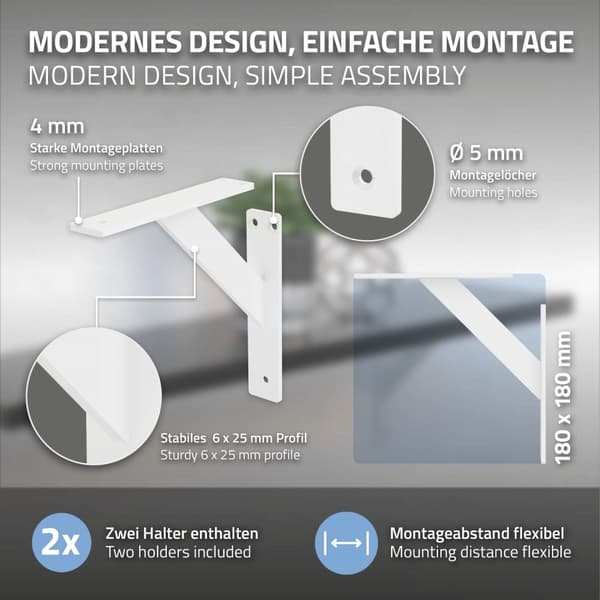 Hyldeknægte sæt med 2 stk. 180x180 mm hvid aluminium ML design
