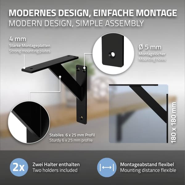 Hyllykannattimet 2 kpl 180x180 mm musta alumiini ML design