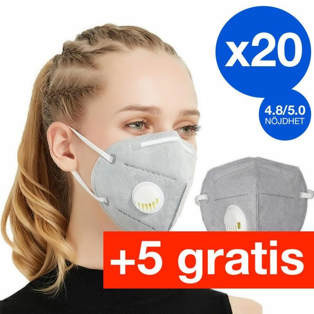 20 stk + 5 gratis CE KN95 FFP2 med ventil Beskyttelsesmaske Åndedrætsværn Mundbeskyttelse
