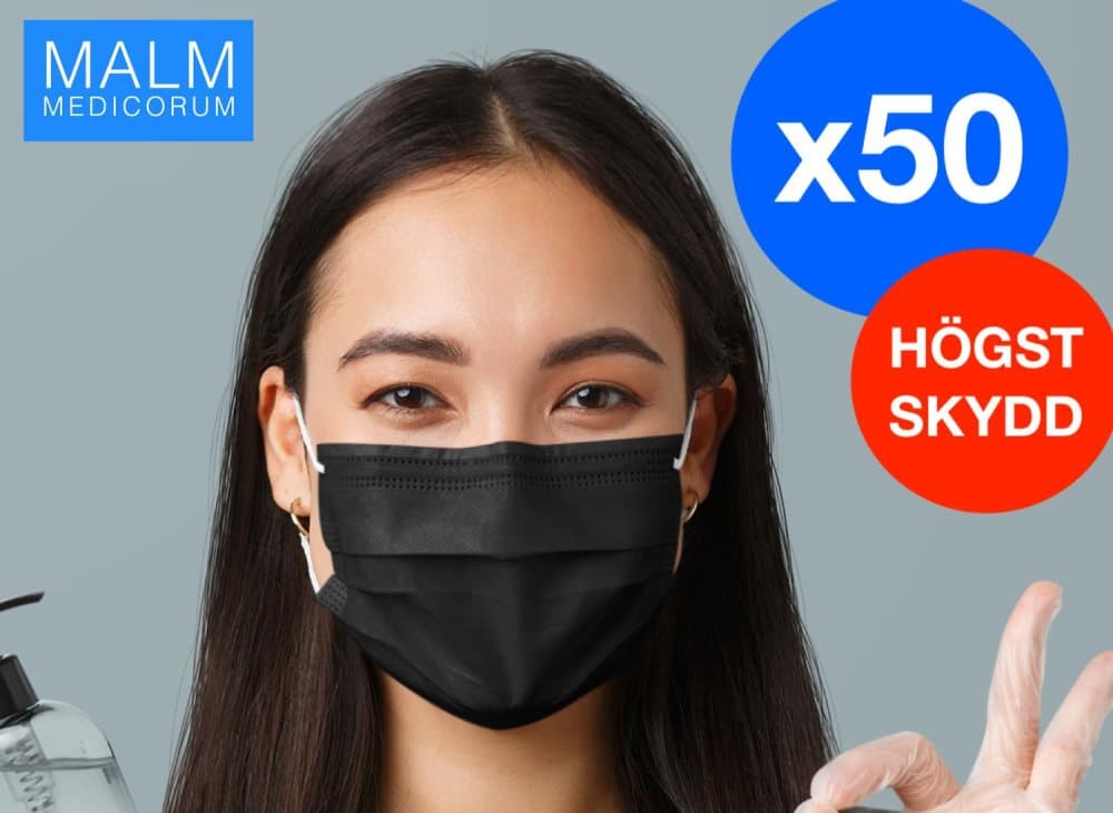 50 x CE-godkända Type IIR MALM Medicorum svarta munskydd, ansiktsmasker Medical Kirurgiskt