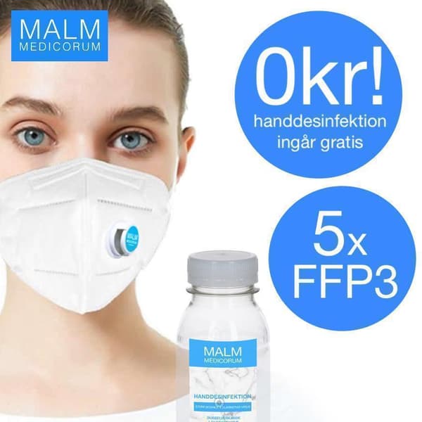 5x CE FFP3 -suuinsuojus + ILMAINEN käsien desinfiointi MALM MEDICORUM -suojus- / naamiosuojanaamari