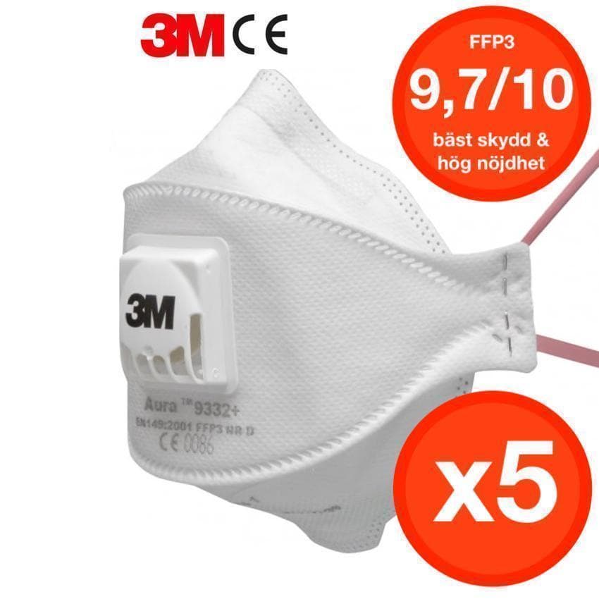5 stk CE FFP3 NR D 3M AURA 9332+ med ventilbeskyttelsesmaske Åndedrætsværn Mundbeskyttelse Mundbind mundbeskytter