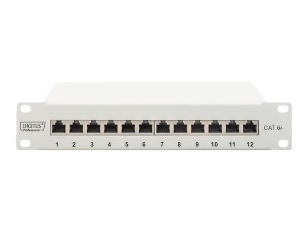 DIGITUS DN-91612S-EA-G - Patch-panel - rackmontering - CAT 6a - STP - RJ-45 X 12 - grå, RAL 7035 - 1U - 10"