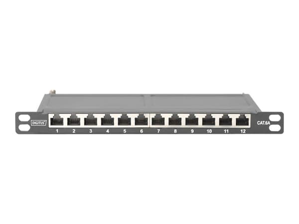 DIGITUS DN-91612S-SL-EA - Koblingspanel - veggmonterbar, rackmonterbar - CAT 6a - STP - RJ-45 X 12 - svart, RAL 9005 - 0.5U - 10"