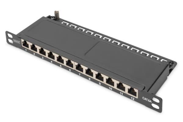 DIGITUS DN-91612S-SL-EA - Koblingspanel - veggmonterbar, rackmonterbar - CAT 6a - STP - RJ-45 X 12 - svart, RAL 9005 - 0.5U - 10"