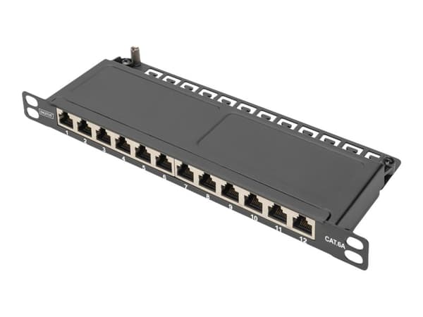 DIGITUS DN-91612S-SL-EA - Koblingspanel - veggmonterbar, rackmonterbar - CAT 6a - STP - RJ-45 X 12 - svart, RAL 9005 - 0.5U - 10" Sort