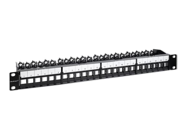 Qoltec - Patch-panel - solid steel - rackmontering - UTP - RJ-45 X 24 - svart - 1U - 19"
