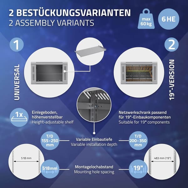 ECD Germany Verkkokaappi 6 U, palvelinkaappi 19 tuumaa, harmaa, seinäasennus, 450 mm syvyys, 600 x 370 x 450 mm, täysin koottu, palvelinkotelo