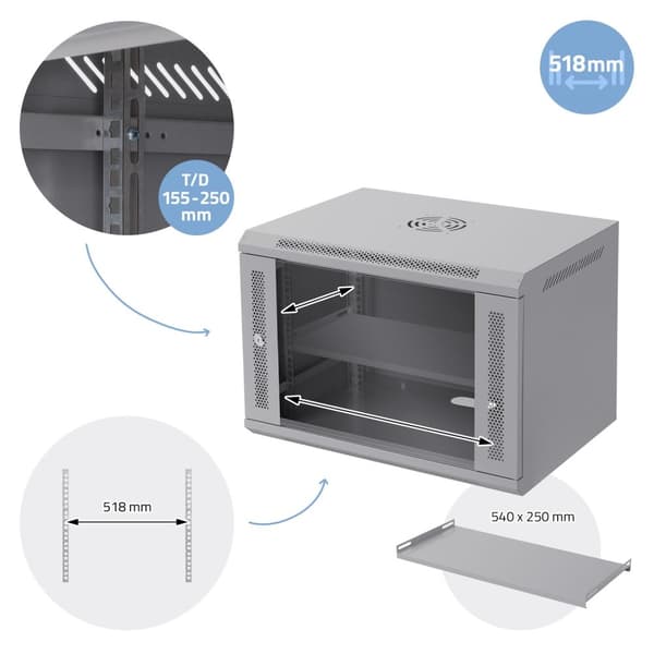 ECD Germany Nätverksskåp 7 U, serverskåp 19 tum, grå, väggmontage, 450 mm djup, 600 x 420 x 450 mm, färdigmonterad, serverskåp med låsbar