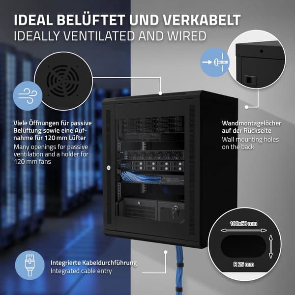 ECD Germany Nätverksskåp 15 U, serverskåp 19 tum, svart, väggmontage, 450 mm djup, 600 x 770 x 450 mm, färdigmonterat, serverhus med låsbar