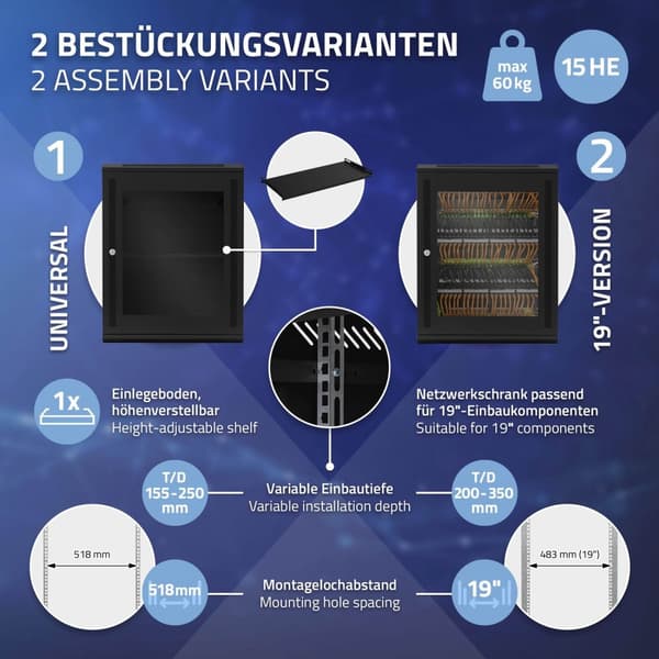 ECD Germany Nätverksskåp 15 U, serverskåp 19 tum, svart, väggmontage, 450 mm djup, 600 x 770 x 450 mm, färdigmonterat, serverhus med låsbar