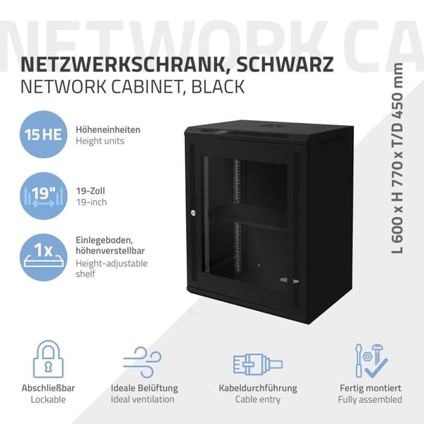 ECD Germany Nätverksskåp 15 U, serverskåp 19 tum, svart, väggmontage, 450 mm djup, 600 x 770 x 450 mm, färdigmonterat, serverhus med låsbar