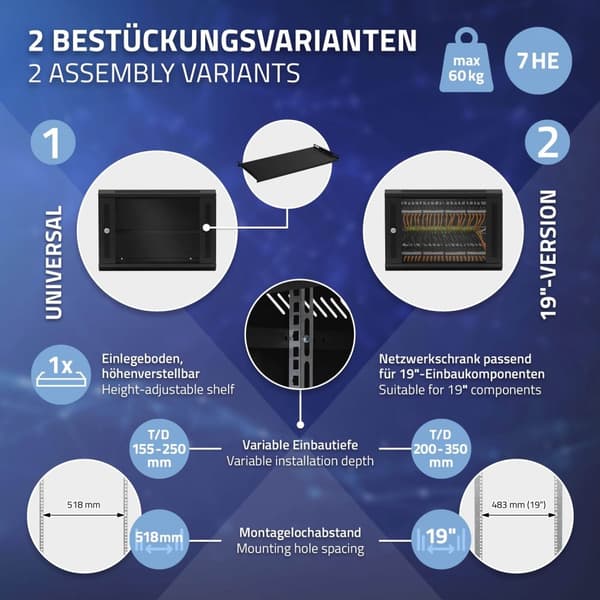ECD Germany Verkkokaappi 7 U, palvelinkaappi 19 tuumaa, musta, seinäasennus, 450 mm syvyys, 600 x 420 x 450 mm, täysin koottu, palvelinkotelo