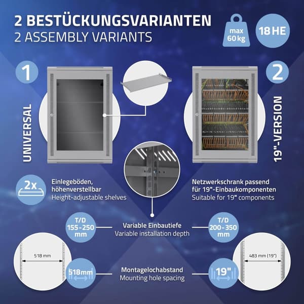 ECD Germany Verkkokaappi 18 U, palvelinkaappi 19 tuumaa, harmaa, seinäasennus, 450 mm syvyys, 600 x 900 x 450 mm, täysin koottu, palvelinkotelo
