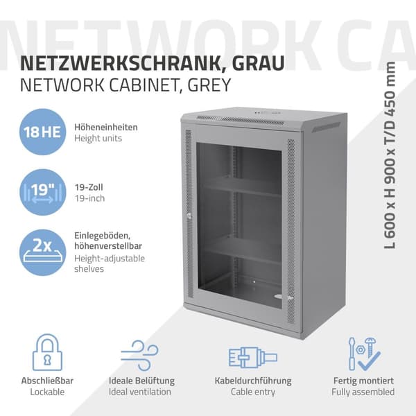 ECD Germany Verkkokaappi 18 U, palvelinkaappi 19 tuumaa, harmaa, seinäasennus, 450 mm syvyys, 600 x 900 x 450 mm, täysin koottu, palvelinkotelo