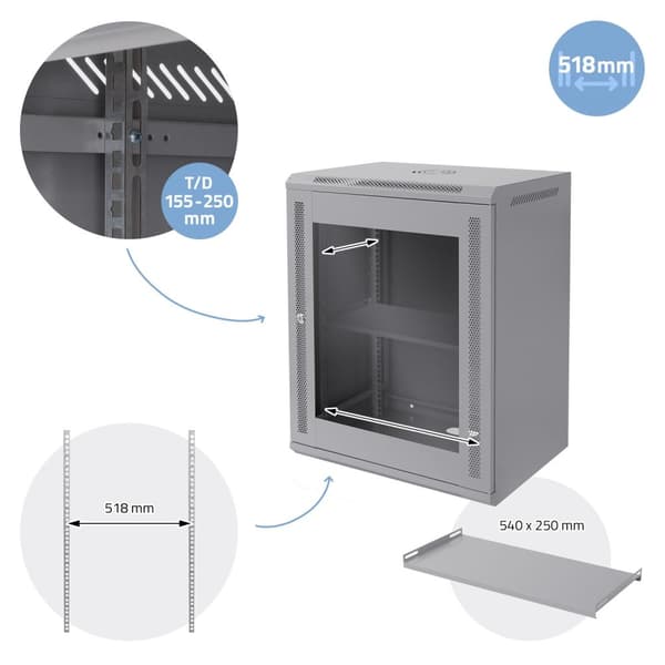 ECD Germany Verkkokaappi 15 U, palvelinkaappi 19 tuumaa, harmaa, seinäasennus, 450 mm syvyys, 600 x 770 x 450 mm, täysin koottu, palvelinkotelo