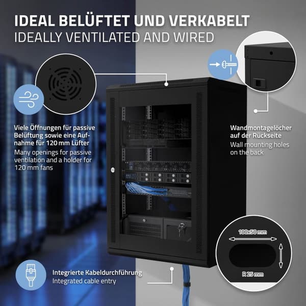 ECD Germany Nätverksskåp 18 U, serverskåp 19 tum, svart, väggmontage, 450 mm djup, 600 x 900 x 450 mm, färdigmonterat, serverhus med låsbar