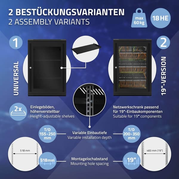 ECD Germany Nätverksskåp 18 U, serverskåp 19 tum, svart, väggmontage, 450 mm djup, 600 x 900 x 450 mm, färdigmonterat, serverhus med låsbar