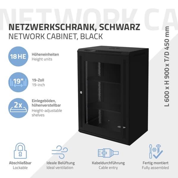 ECD Germany Nätverksskåp 18 U, serverskåp 19 tum, svart, väggmontage, 450 mm djup, 600 x 900 x 450 mm, färdigmonterat, serverhus med låsbar