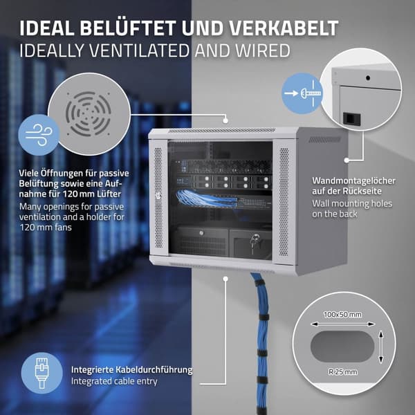 ECD Germany Nätverksskåp 9 U, serverskåp 19 tum, grå, väggmontage, 450 mm djup, 600 x 500 x 450 mm, färdigmonterad, serverskåp med låsbar