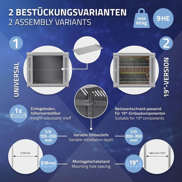 ECD Germany Nätverksskåp 9 U, serverskåp 19 tum, grå, väggmontage, 450 mm djup, 600 x 500 x 450 mm, färdigmonterad, serverskåp med låsbar