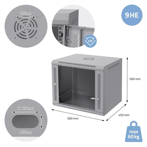 ECD Germany Nätverksskåp 9 U, serverskåp 19 tum, grå, väggmontage, 450 mm djup, 600 x 500 x 450 mm, färdigmonterad, serverskåp med låsbar