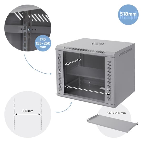 ECD Germany Nätverksskåp 9 U, serverskåp 19 tum, grå, väggmontage, 450 mm djup, 600 x 500 x 450 mm, färdigmonterad, serverskåp med låsbar