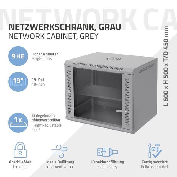 ECD Germany Nätverksskåp 9 U, serverskåp 19 tum, grå, väggmontage, 450 mm djup, 600 x 500 x 450 mm, färdigmonterad, serverskåp med låsbar