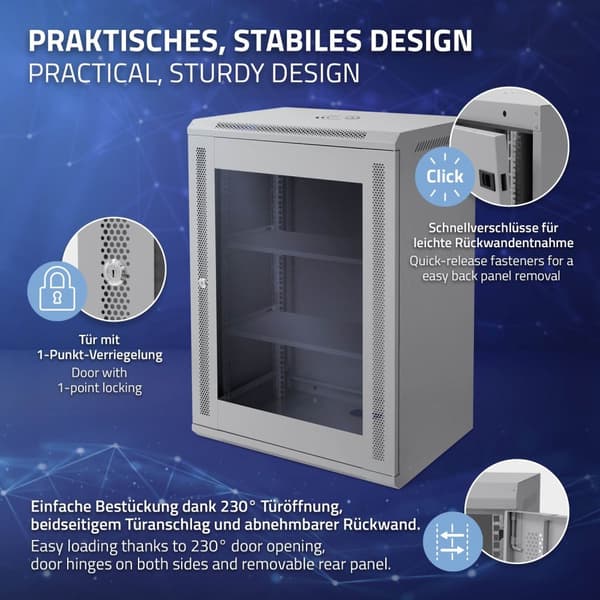 ECD Germany Netværksskab 16 U, serverskab 19 tommer, grå, vægmontering, 450 mm dybde, 600 x 850 x 450 mm, færdigmonteret, serverhus med låsbar