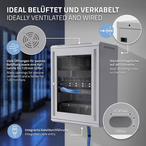 ECD Germany Netværksskab 16 U, serverskab 19 tommer, grå, vægmontering, 450 mm dybde, 600 x 850 x 450 mm, færdigmonteret, serverhus med låsbar