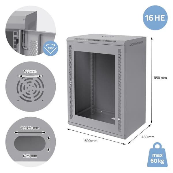 ECD Germany Netværksskab 16 U, serverskab 19 tommer, grå, vægmontering, 450 mm dybde, 600 x 850 x 450 mm, færdigmonteret, serverhus med låsbar