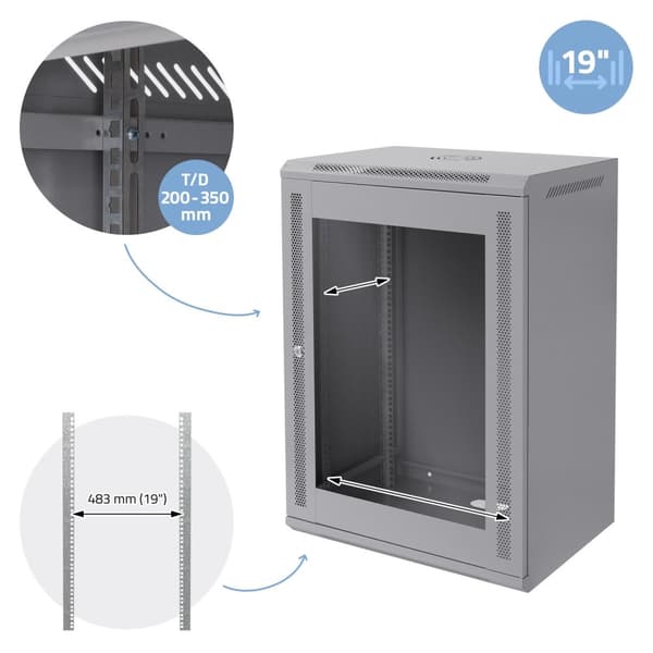 ECD Germany Netværksskab 16 U, serverskab 19 tommer, grå, vægmontering, 450 mm dybde, 600 x 850 x 450 mm, færdigmonteret, serverhus med låsbar