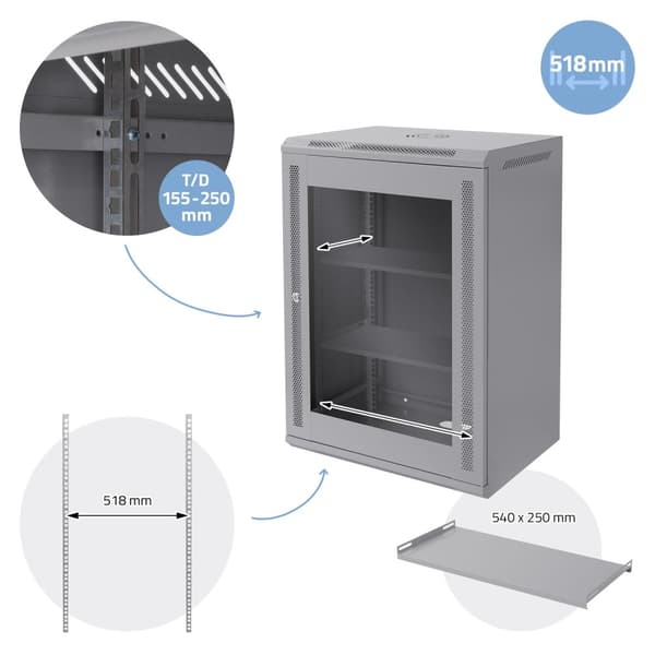 ECD Germany Netværksskab 16 U, serverskab 19 tommer, grå, vægmontering, 450 mm dybde, 600 x 850 x 450 mm, færdigmonteret, serverhus med låsbar