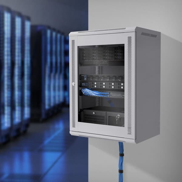 ECD Germany Netværksskab 16 U, serverskab 19 tommer, grå, vægmontering, 450 mm dybde, 600 x 850 x 450 mm, færdigmonteret, serverhus med låsbar