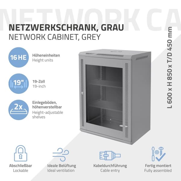ECD Germany Netværksskab 16 U, serverskab 19 tommer, grå, vægmontering, 450 mm dybde, 600 x 850 x 450 mm, færdigmonteret, serverhus med låsbar